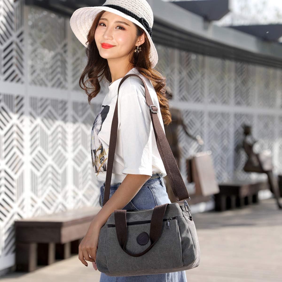 Canvas Hobo Crossbody Bag with Triple Zip Compartments
