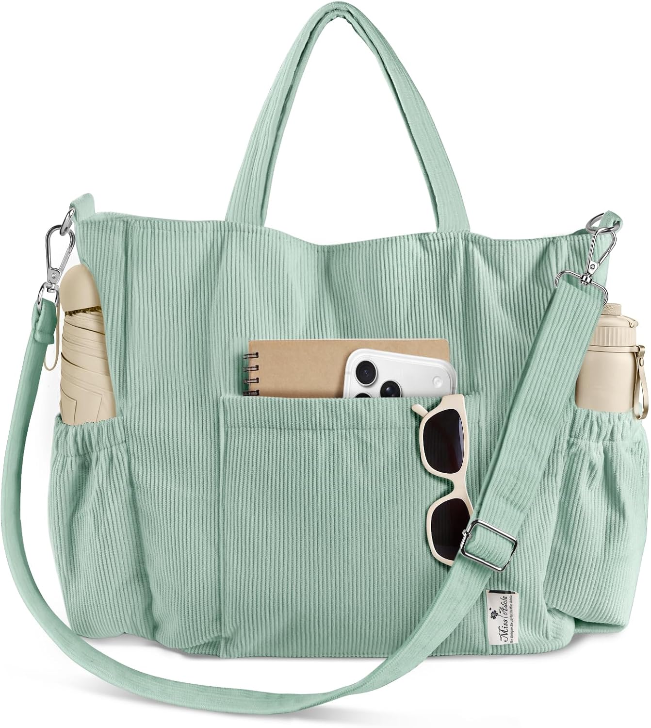 Corduroy Crossbody Tote with Multi-Pocket Storage