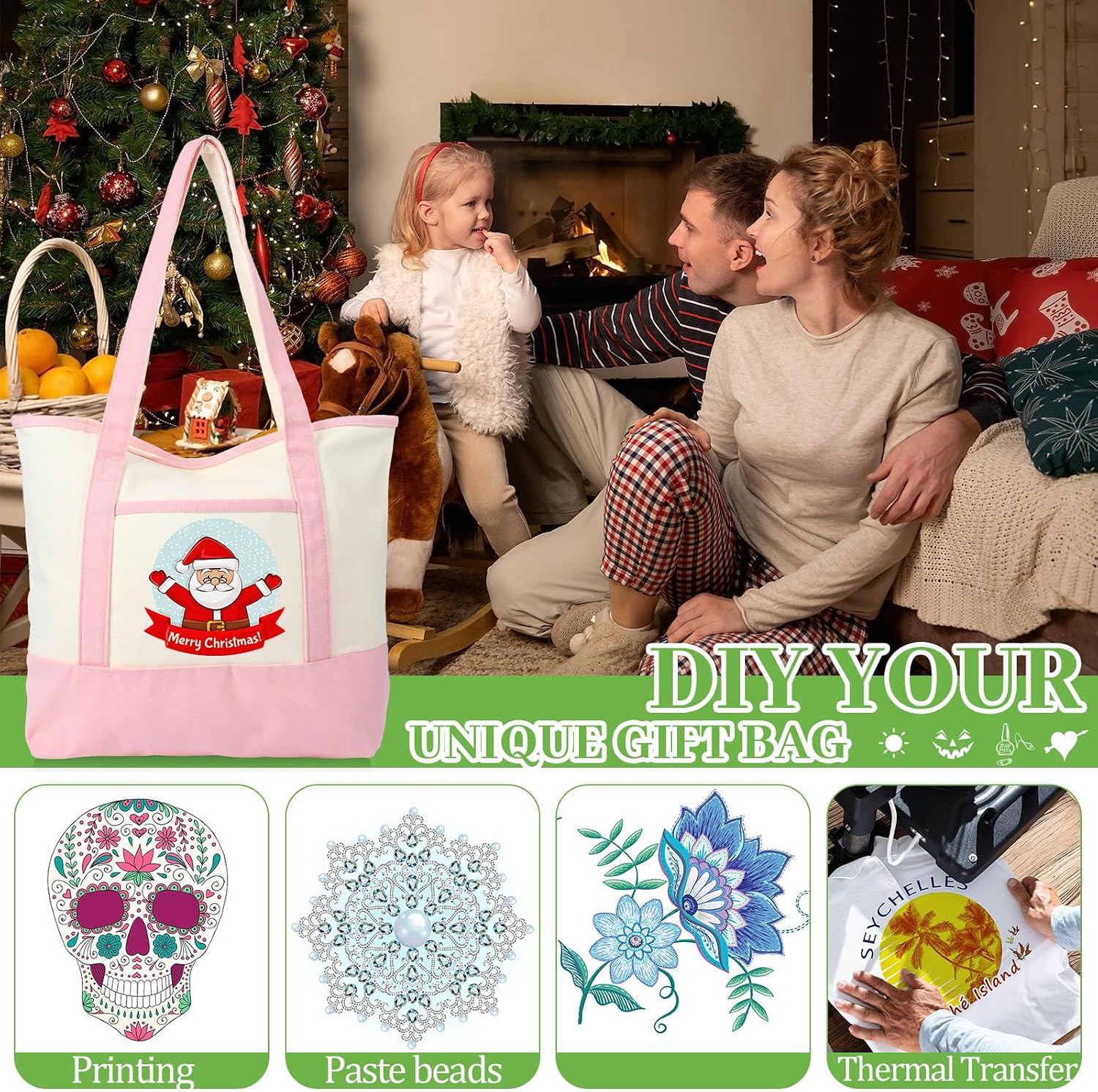 Cotton Canvas Totes with Outer Pockets, 12 Pack