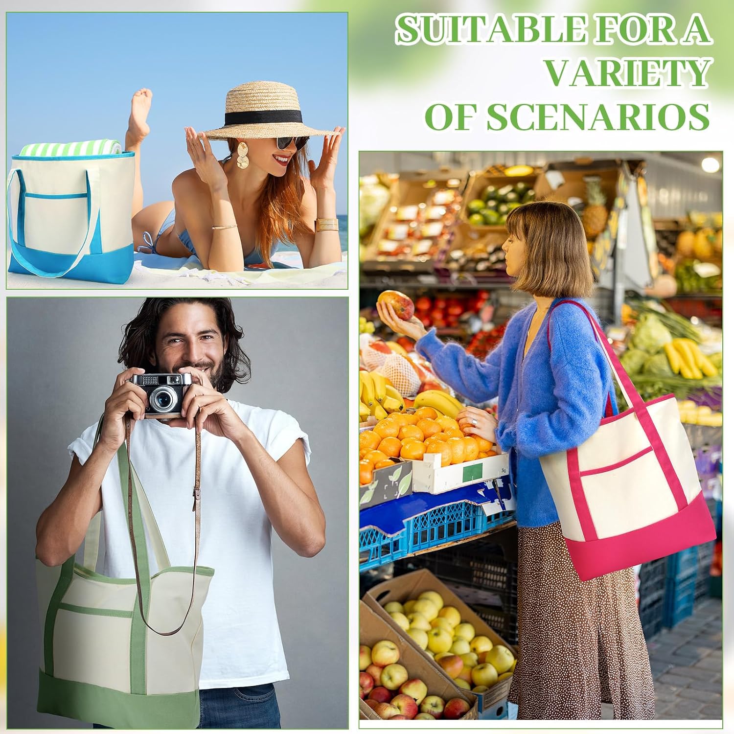 Cotton Canvas Totes with Outer Pockets, 12 Pack