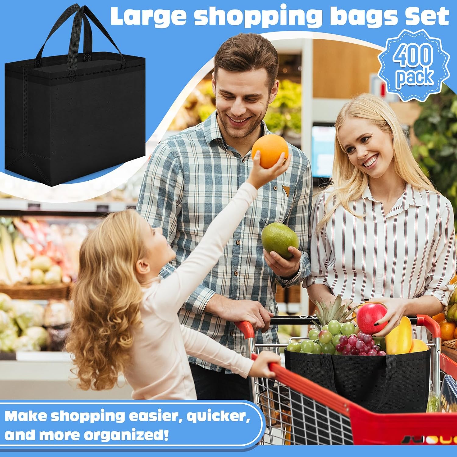Non-Woven Grocery Totes in Bulk, 12.6 x 11.8 x 6.3 Inch