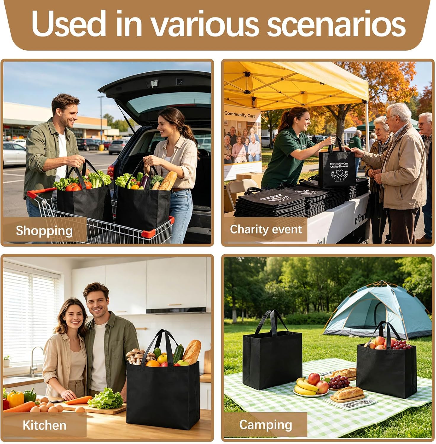 Non-Woven Grocery Totes with Reinforced Handles, 12.6 x 6.3 x 11.8 in