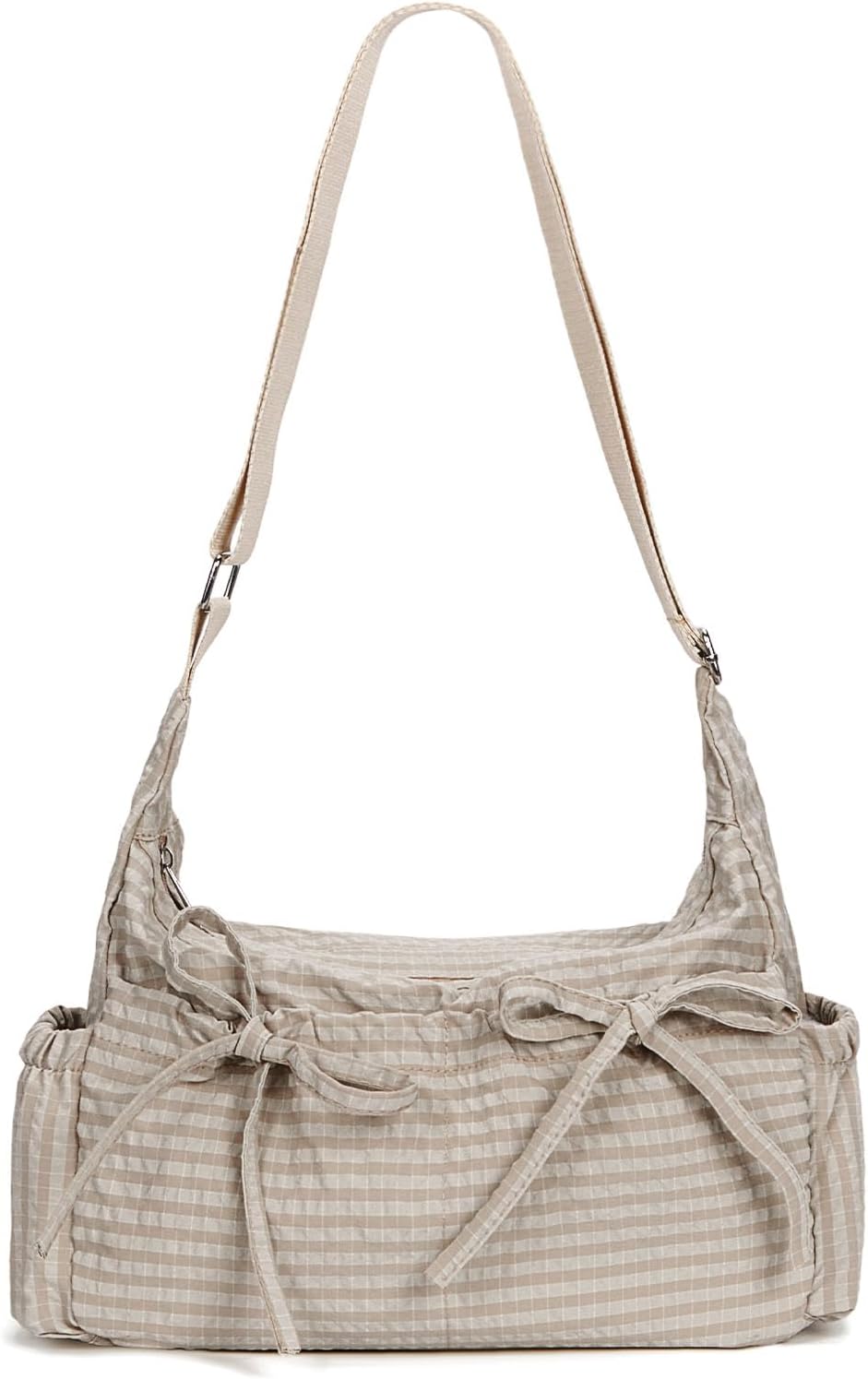 Plaid Crossbody Bag with Bow Detail and Zip Closure