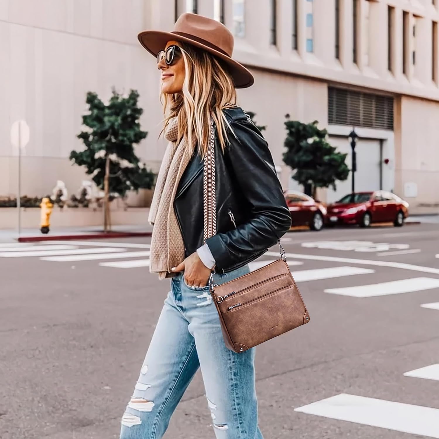 RFID Travel Crossbody Bag in Leather with Adjustable Strap