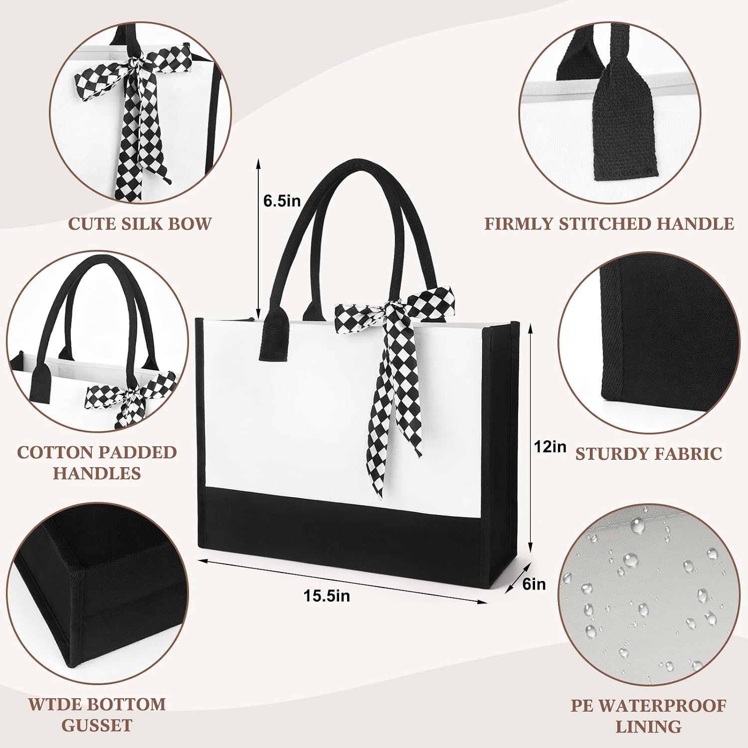 Waterproof Canvas Totes with Ribbon Handles, 15.35 x 6 x 12 Inch